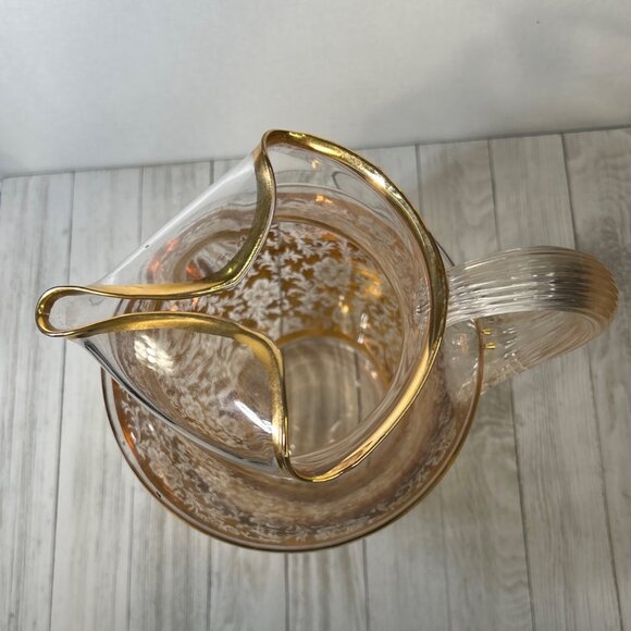 Vintage MCM Pitcher with 5 Tumblers Gold Embellished Floral Rose Design SET - Picture 4 of 10